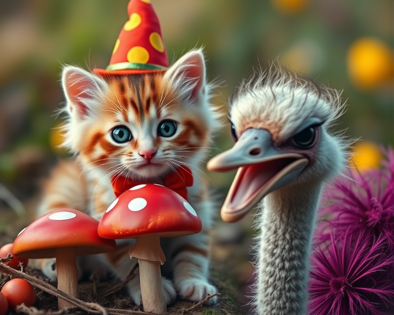 kitten, clown, mushroom, top hat, ostrich